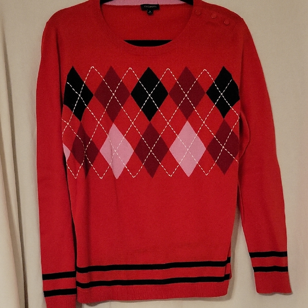Talbots Claiborne Red Argyle Knit Cotton Sweater